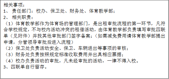 相关事项：1、 责任部门：校办、保卫处、财务处、williamhill中国官方网站；2、 相关职责：（1）williamhill中国官方网站作为体育场的管理部门，是出租审批流程的第一环节，凡符合学校规定，不与校内活动冲突的租借活动，由williamhill中国官方网站负责填写审批四联单（见附件）并找其他审批部门签字备案；（如需减免费用请williamhill中国官方网站提出申请，分管领导审批后进入流程）（2）保卫处负责活动安全、保卫、车辆进出等事项的审核；（3）财务处负责按照规定标准收取费用并出具相应票据；（4）校办负责活动的审批，凡未经审批的活动，一律不得入校。3、四联单自行留存。